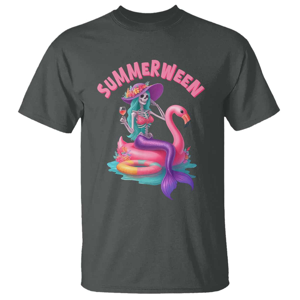 Summerween Mermaid Skeleton T Shirt Beach Flamingo Halloween Girl - Wonder Print Shop