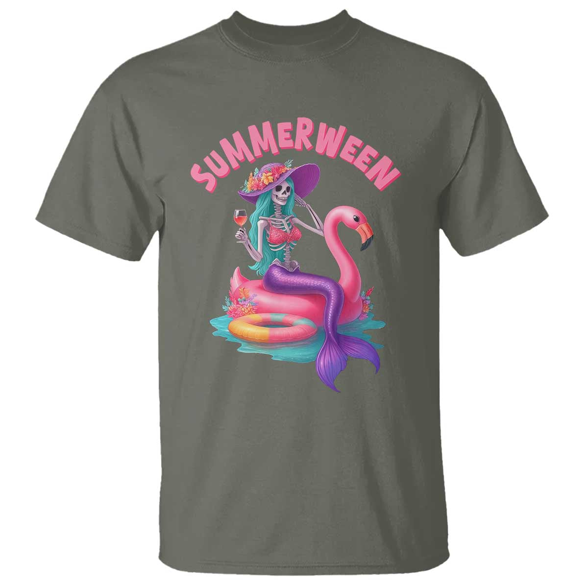 Summerween Mermaid Skeleton T Shirt Beach Flamingo Halloween Girl - Wonder Print Shop
