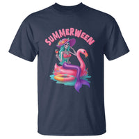 Summerween Mermaid Skeleton T Shirt Beach Flamingo Halloween Girl - Wonder Print Shop