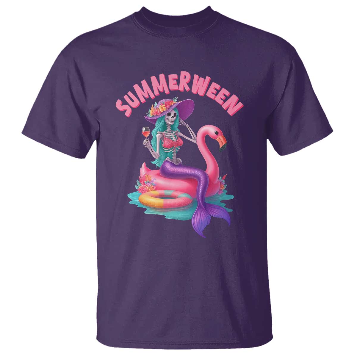 Summerween Mermaid Skeleton T Shirt Beach Flamingo Halloween Girl - Wonder Print Shop