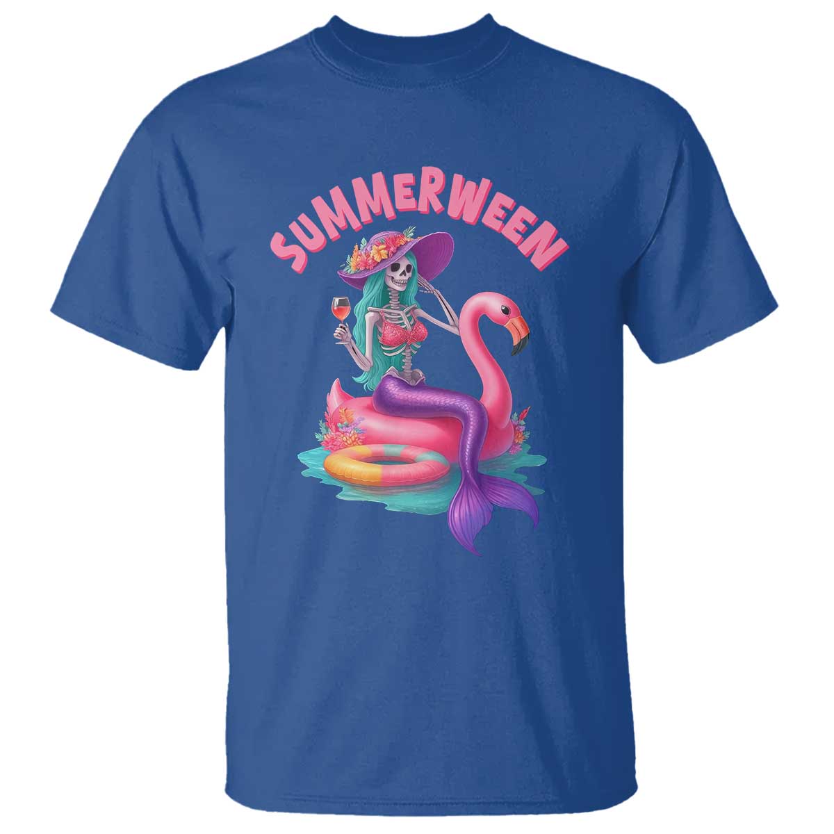 Summerween Mermaid Skeleton T Shirt Beach Flamingo Halloween Girl - Wonder Print Shop
