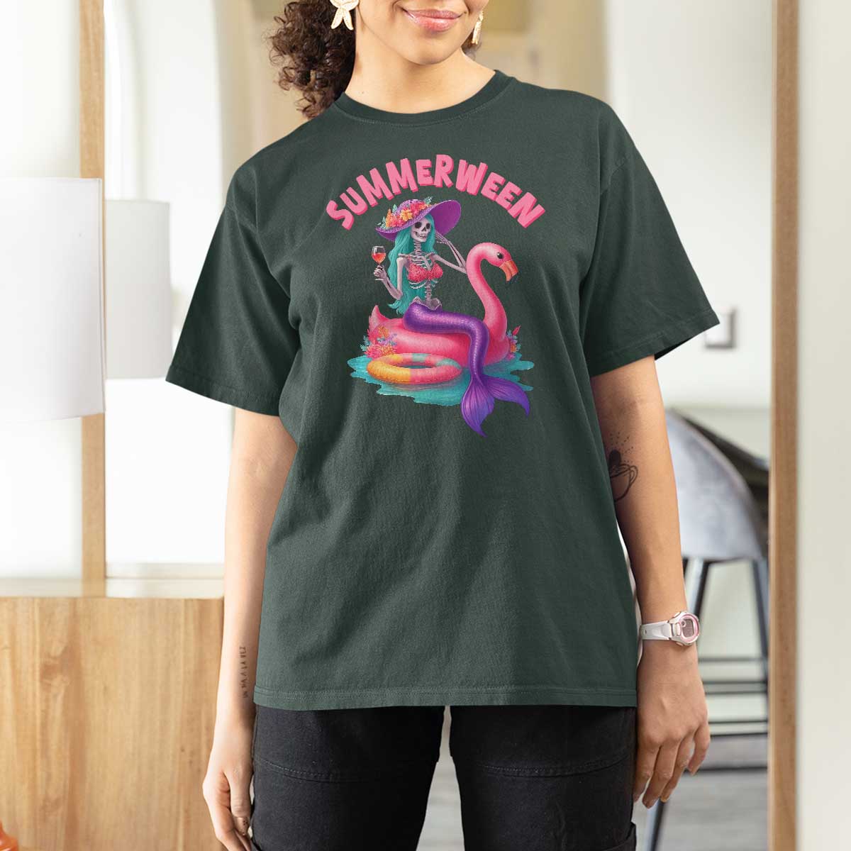 Summerween Mermaid Skeleton T Shirt For Women Beach Flamingo Halloween Girl - Wonder Print Shop