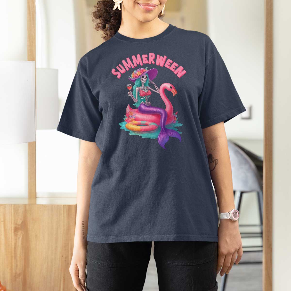 Summerween Mermaid Skeleton T Shirt For Women Beach Flamingo Halloween Girl - Wonder Print Shop