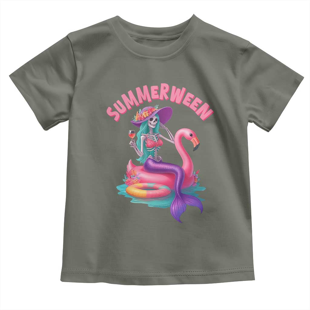Summerween Mermaid Skeleton Toddler T Shirt Beach Flamingo Halloween Girl - Wonder Print Shop