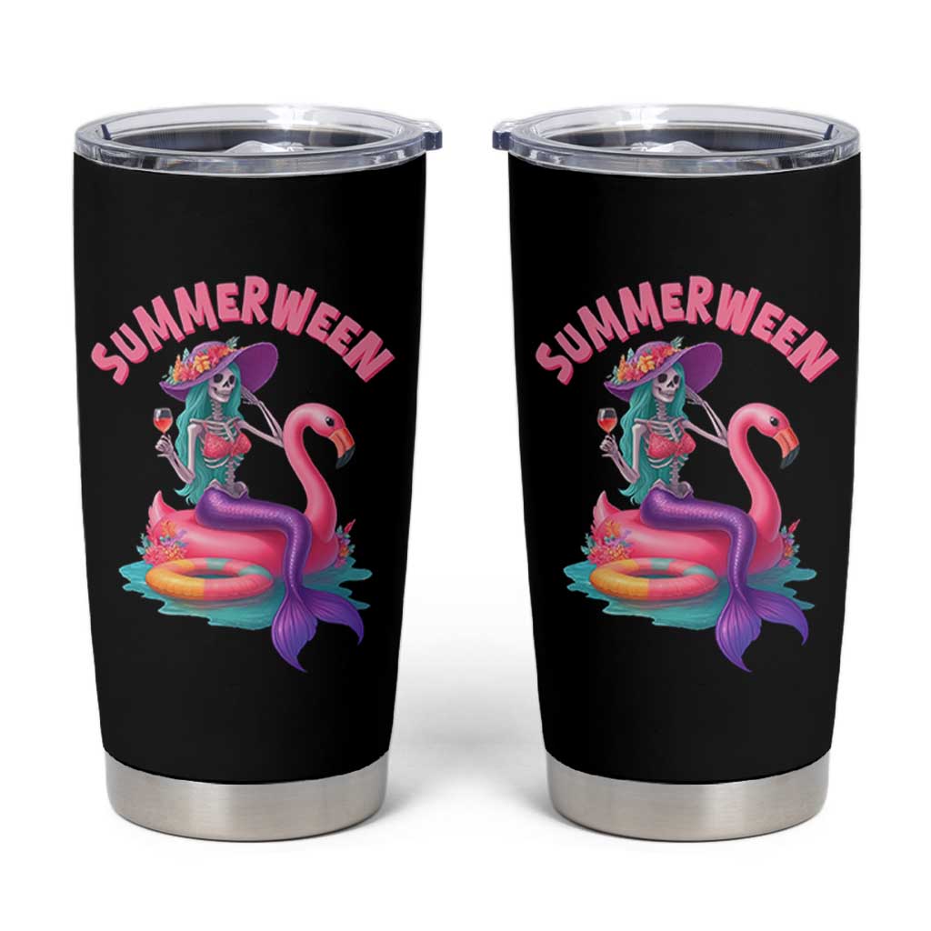 Summerween Mermaid Skeleton Tumbler Cup Beach Flamingo Halloween Girl - Wonder Print Shop