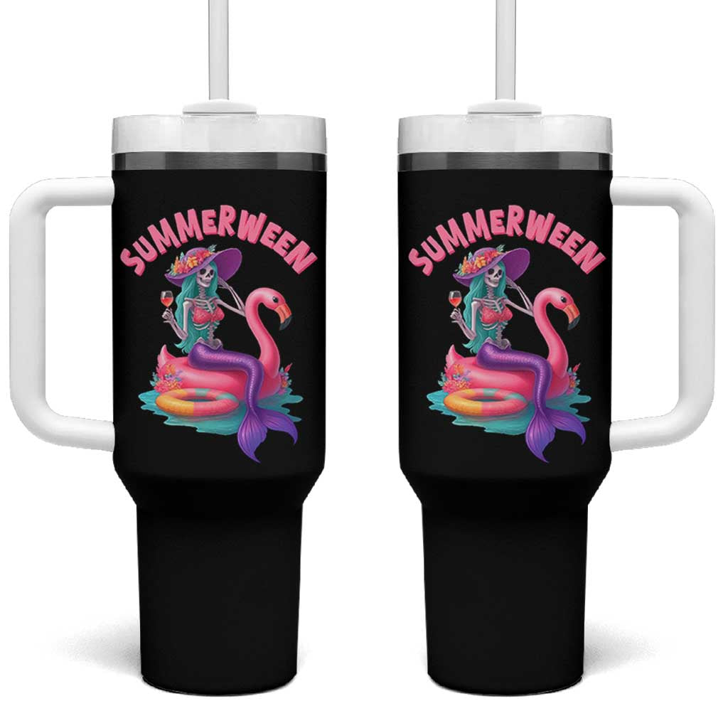 Summerween Mermaid Skeleton Tumbler With Handle Beach Flamingo Halloween Girl - Wonder Print Shop