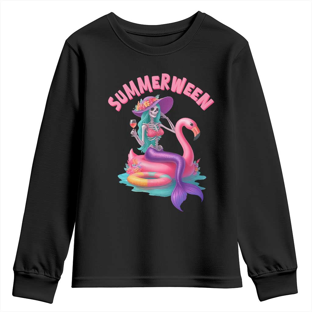 Summerween Mermaid Skeleton Youth Sweatshirt Beach Flamingo Halloween Girl - Wonder Print Shop