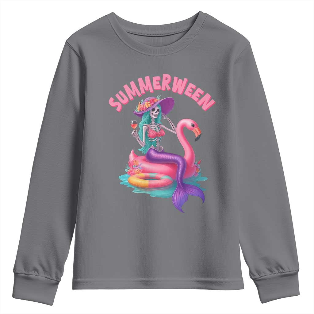 Summerween Mermaid Skeleton Youth Sweatshirt Beach Flamingo Halloween Girl - Wonder Print Shop
