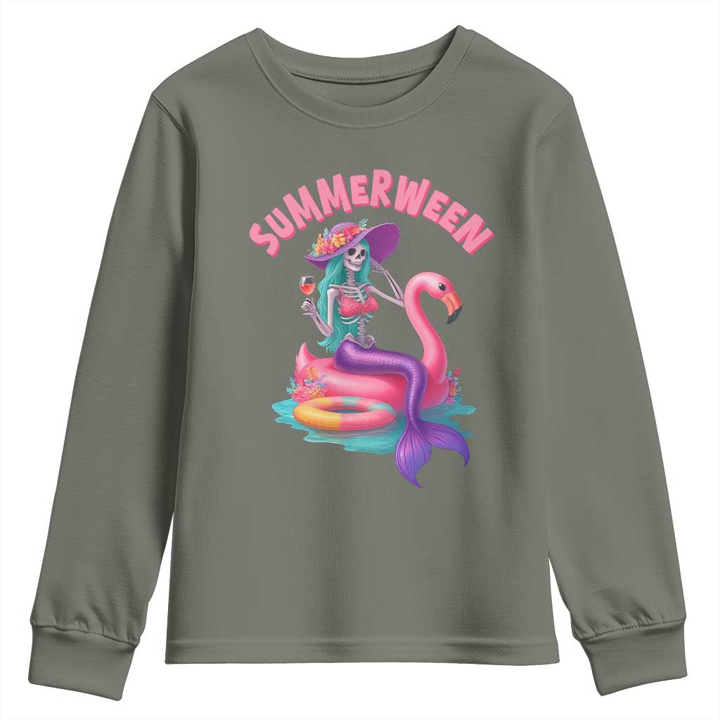 Summerween Mermaid Skeleton Youth Sweatshirt Beach Flamingo Halloween Girl - Wonder Print Shop