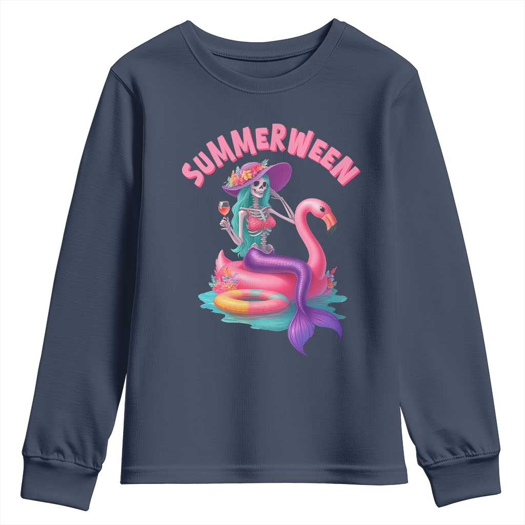 Summerween Mermaid Skeleton Youth Sweatshirt Beach Flamingo Halloween Girl - Wonder Print Shop