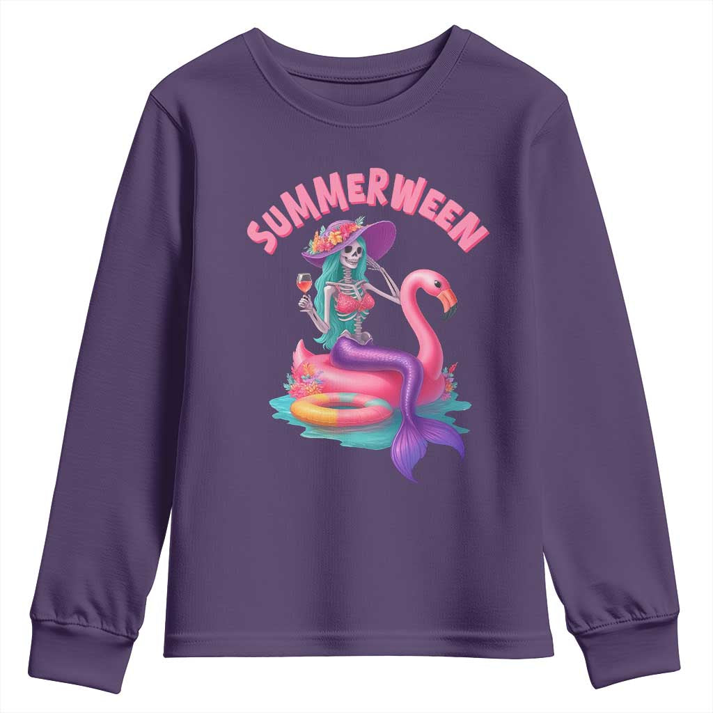Summerween Mermaid Skeleton Youth Sweatshirt Beach Flamingo Halloween Girl - Wonder Print Shop