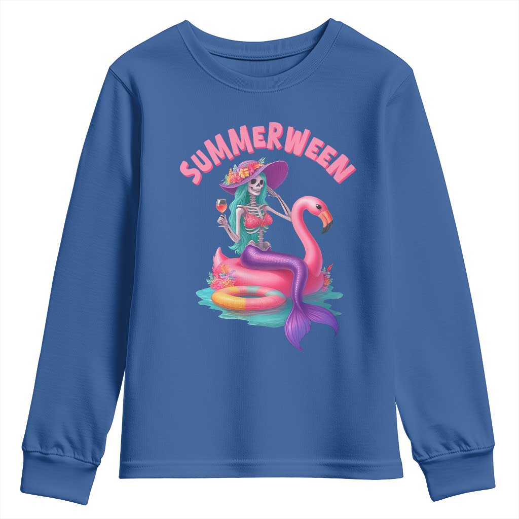 Summerween Mermaid Skeleton Youth Sweatshirt Beach Flamingo Halloween Girl - Wonder Print Shop
