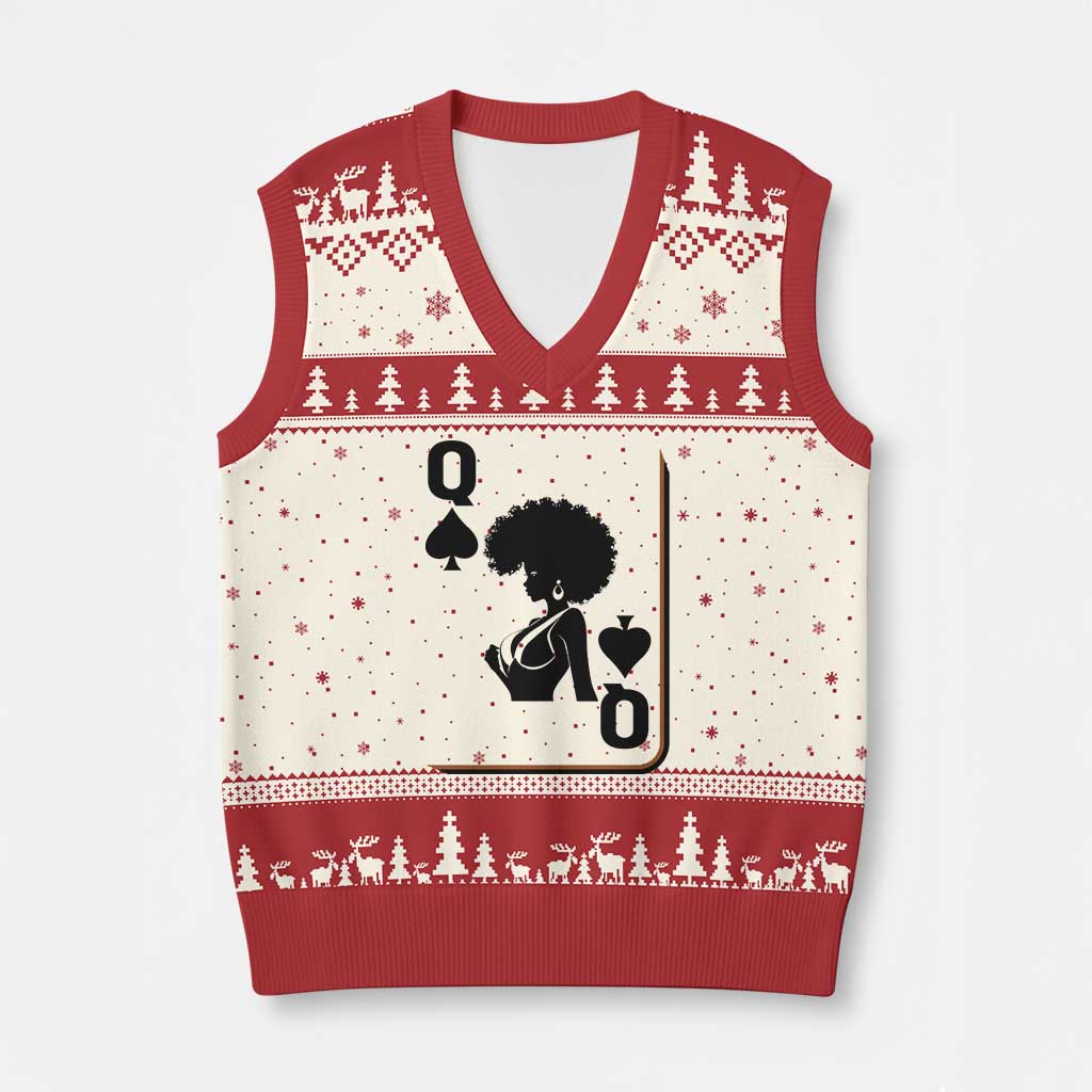 Black Queen V-Neck Knit Sweater Vest Black History Month Afro Woman Poker Card Games - Wonder Print Shop
