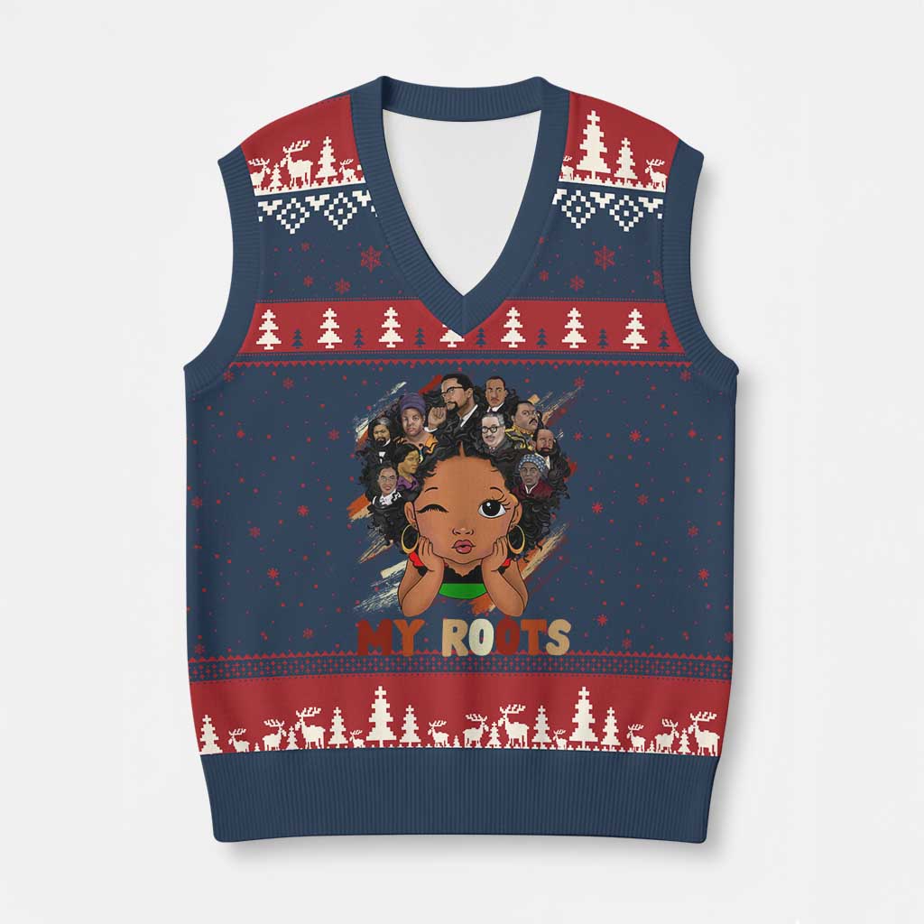 Black African Girl V-Neck Knit Sweater Vest Black History Month Juneteenth Gift Afro Empowerment - Wonder Print Shop