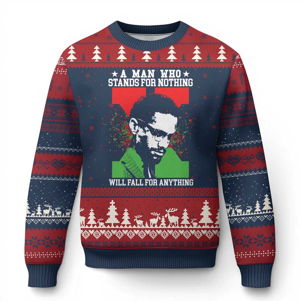 Malcolm X Quote Ugly Christmas Sweater Retro A Man Who Stands for Nothing Black History - Wonder Print Shop