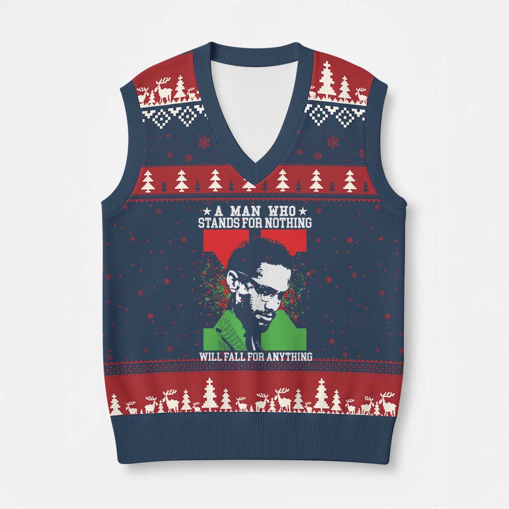 Malcolm X Quote V-Neck Knit Sweater Vest Retro A Man Who Stands for Nothing Black History - Wonder Print Shop