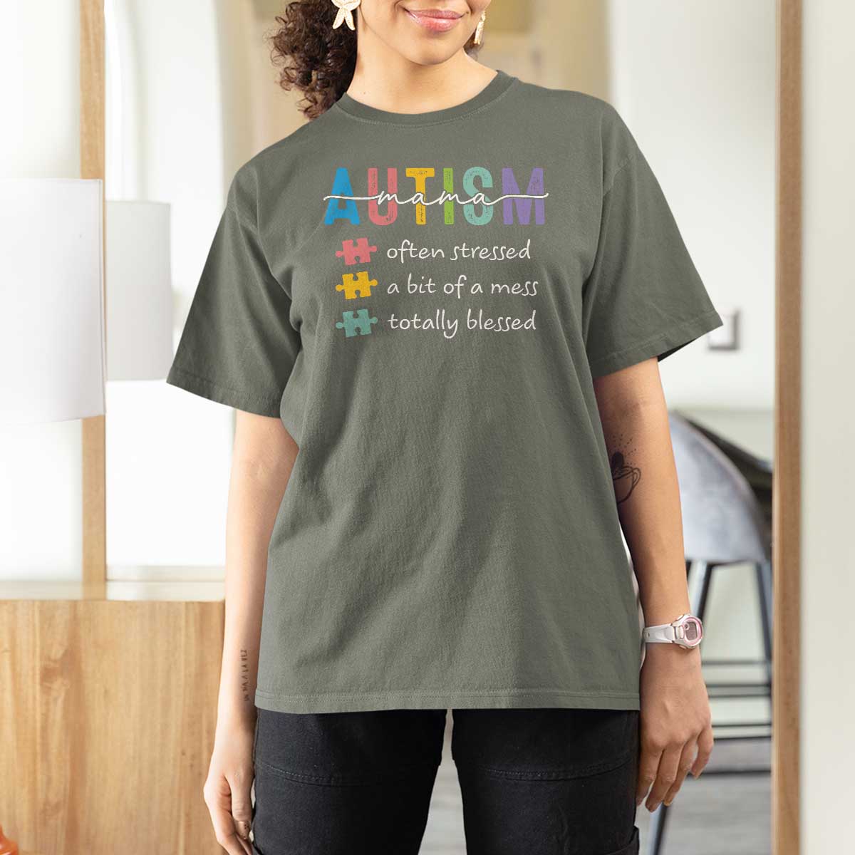 Blessed Autism Mama T Shirt For Women Often Stressed A Bit of A Mess Totally Blessed