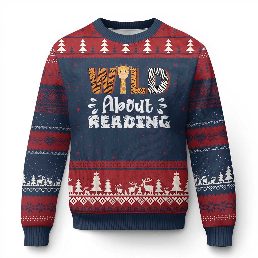 Wild About Reading Ugly Christmas Sweater Cute Animal Print Reading Lover Kids Teachers
