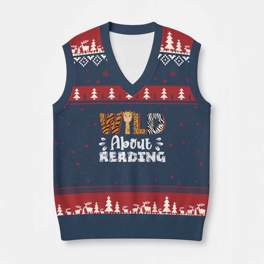 Wild About Reading V-Neck Knit Sweater Vest Cute Animal Print Reading Lover Kids Teachers