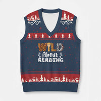 Wild About Reading V-Neck Knit Sweater Vest Cute Animal Print Reading Lover Kids Teachers