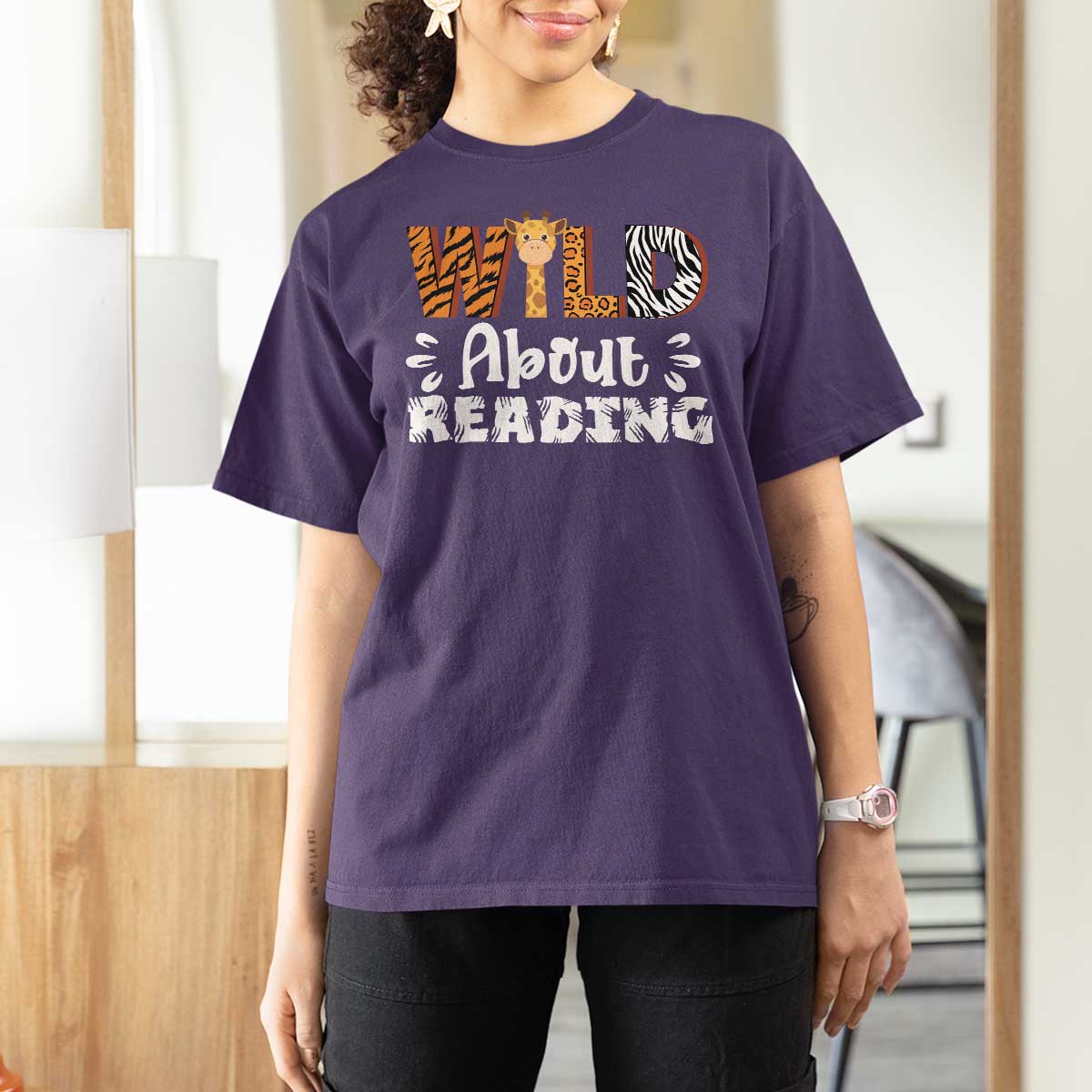 Wild About Reading T Shirt For Women Cute Animal Print Reading Lover Kids Teachers