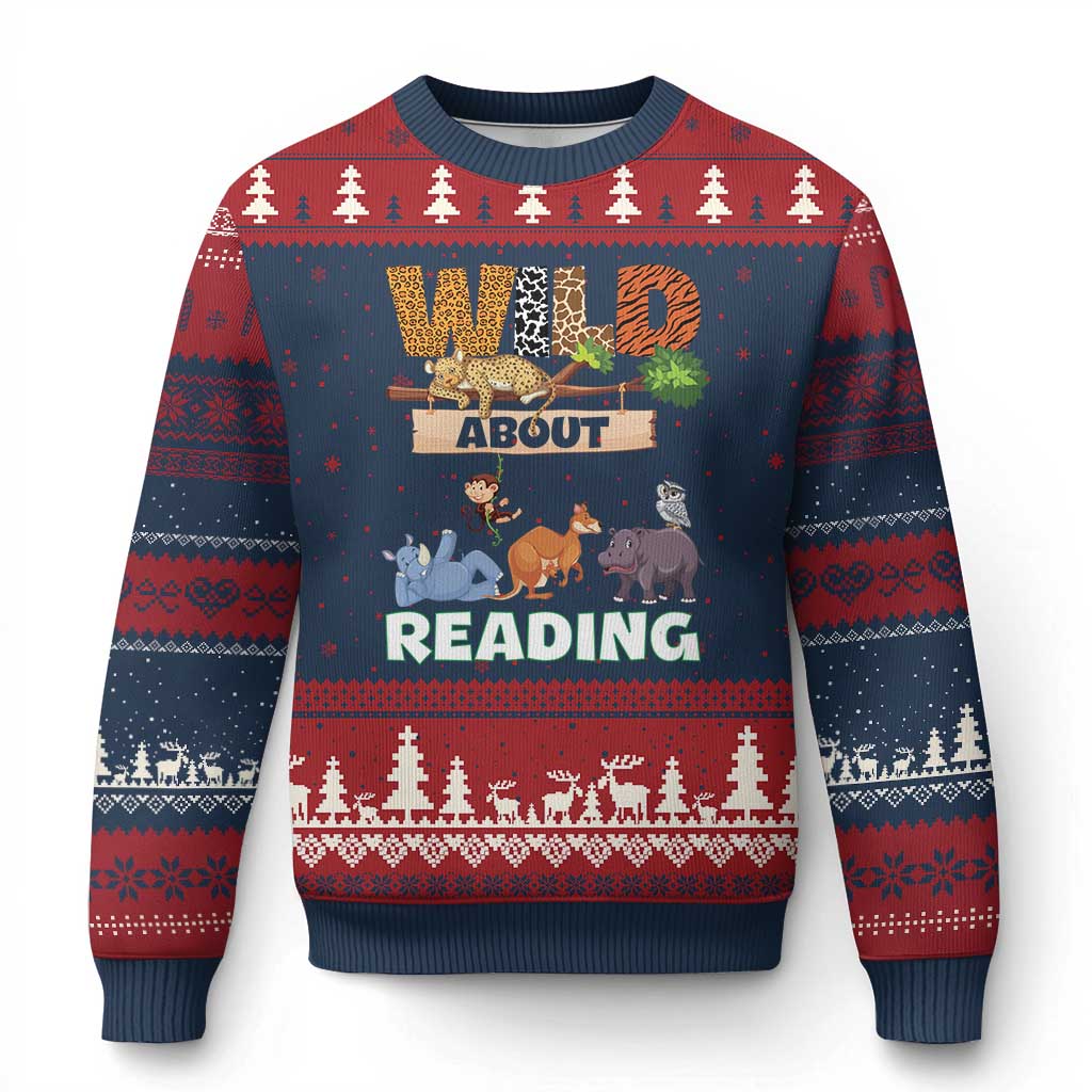 Wild About Reading Ugly Christmas Sweater Cute Animal Book Lover Kids Teachers