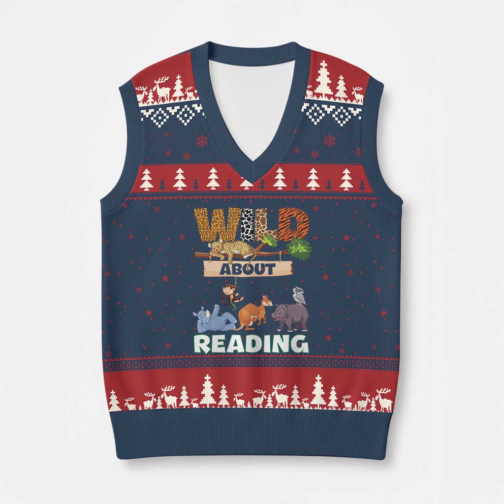 Wild About Reading V-Neck Knit Sweater Vest Cute Animal Book Lover Kids Teachers
