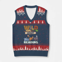 Wild About Reading V-Neck Knit Sweater Vest Cute Animal Book Lover Kids Teachers