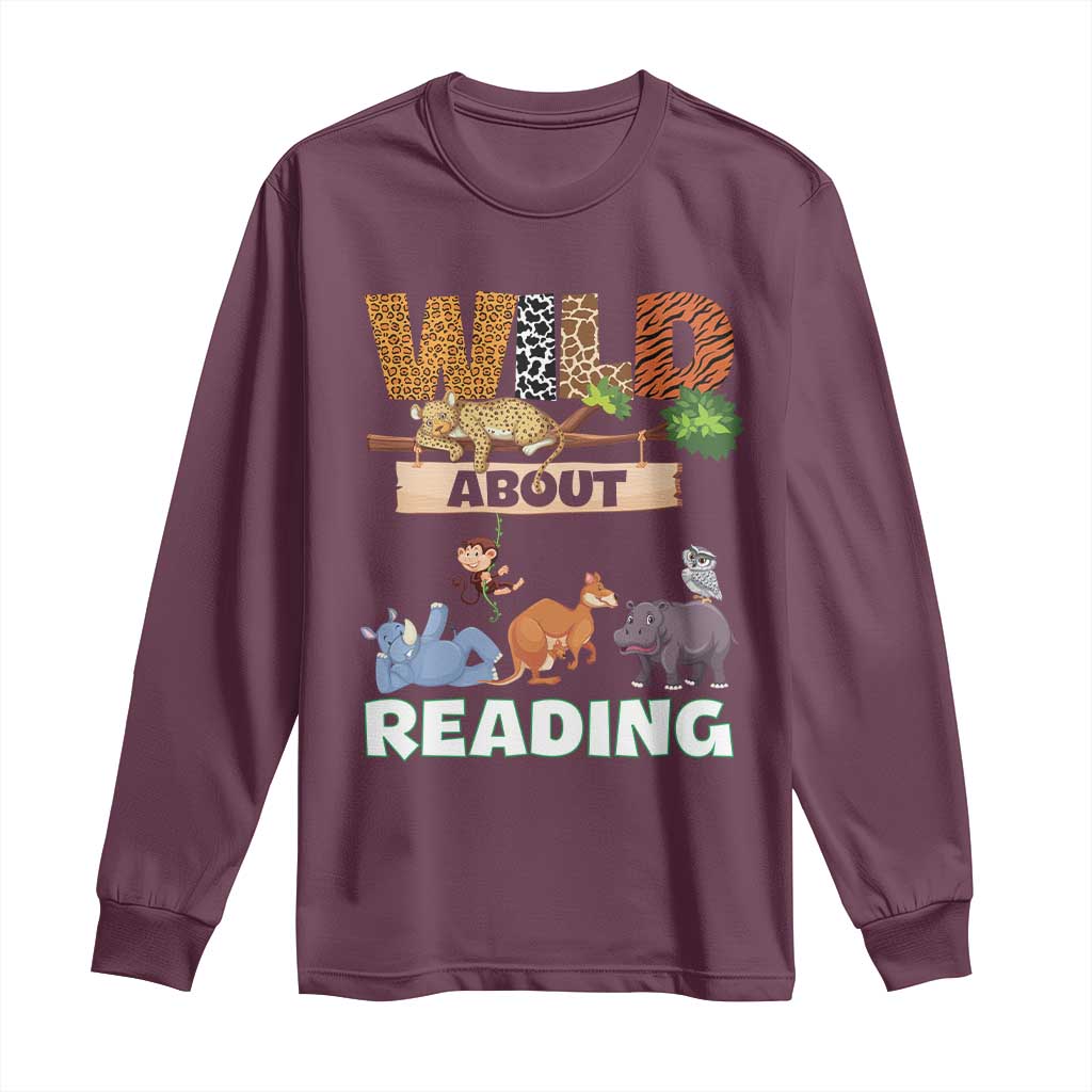 Wild About Reading Long Sleeve Shirt Cute Animal Book Lover Kids Teachers