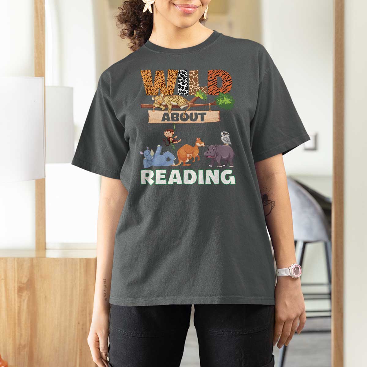 Wild About Reading T Shirt For Women Cute Animal Book Lover Kids Teachers