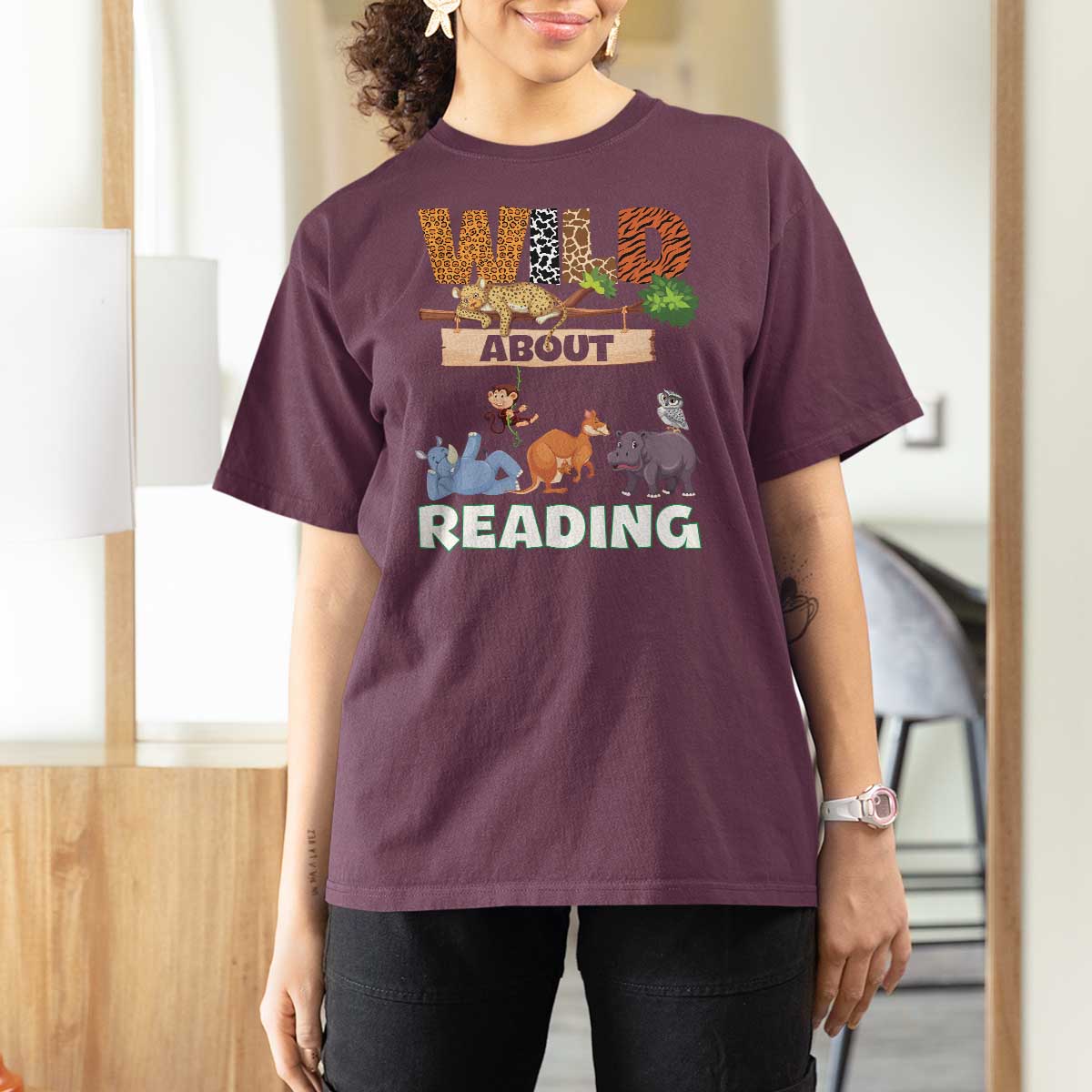 Wild About Reading T Shirt For Women Cute Animal Book Lover Kids Teachers