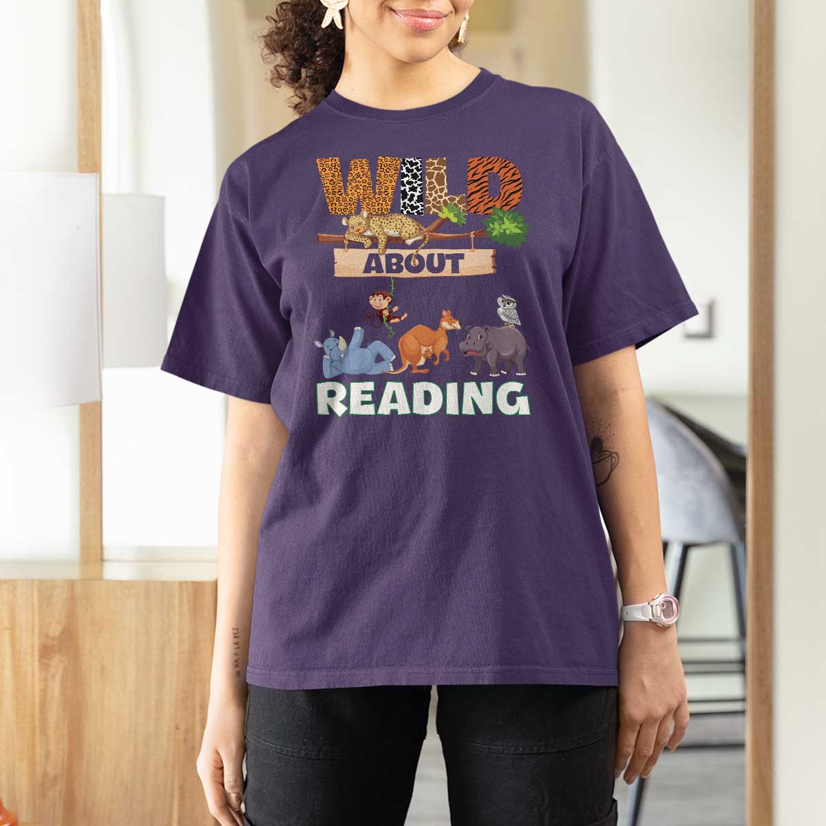 Wild About Reading T Shirt For Women Cute Animal Book Lover Kids Teachers
