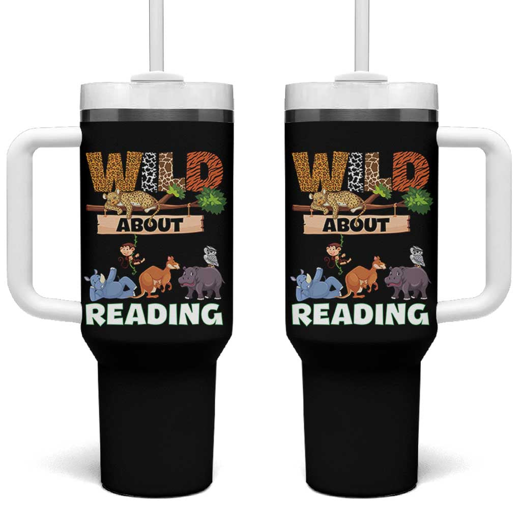 Wild About Reading Tumbler With Handle Cute Animal Book Lover Kids Teachers