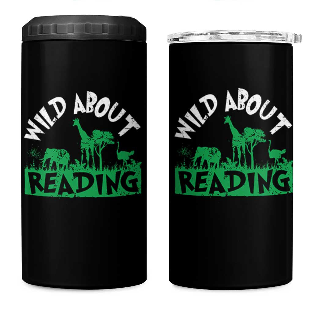 Wild About Reading 4 in 1 Can Cooler Tumbler Cute Safari Animal Reading Shirt Preschool Kindergarten