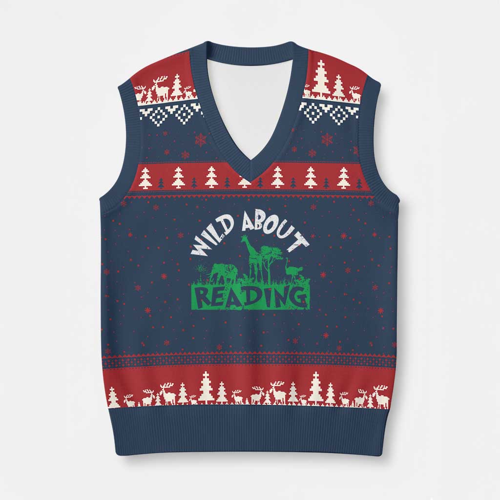 Wild About Reading V-Neck Knit Sweater Vest Cute Safari Animal Reading Shirt Preschool Kindergarten