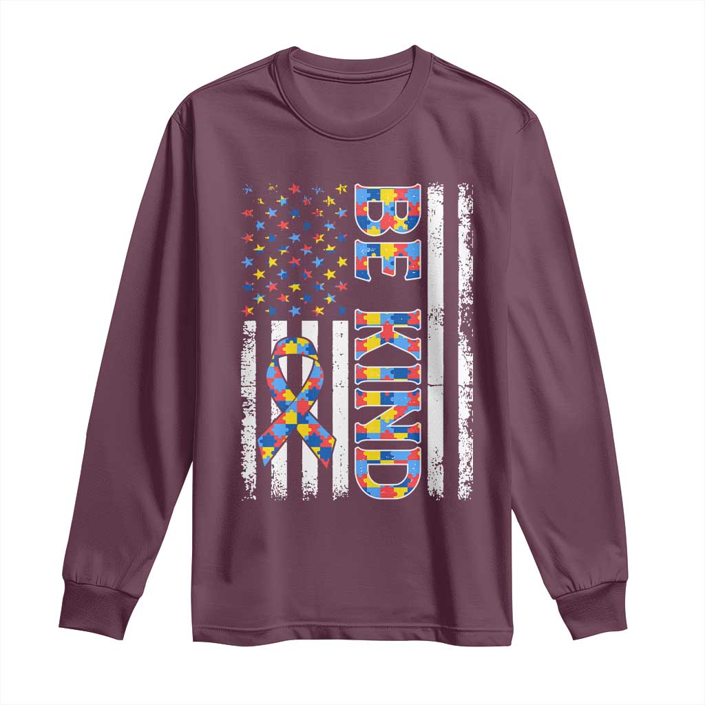 Be Kind Autism Long Sleeve Shirt USA flag Autistic Support