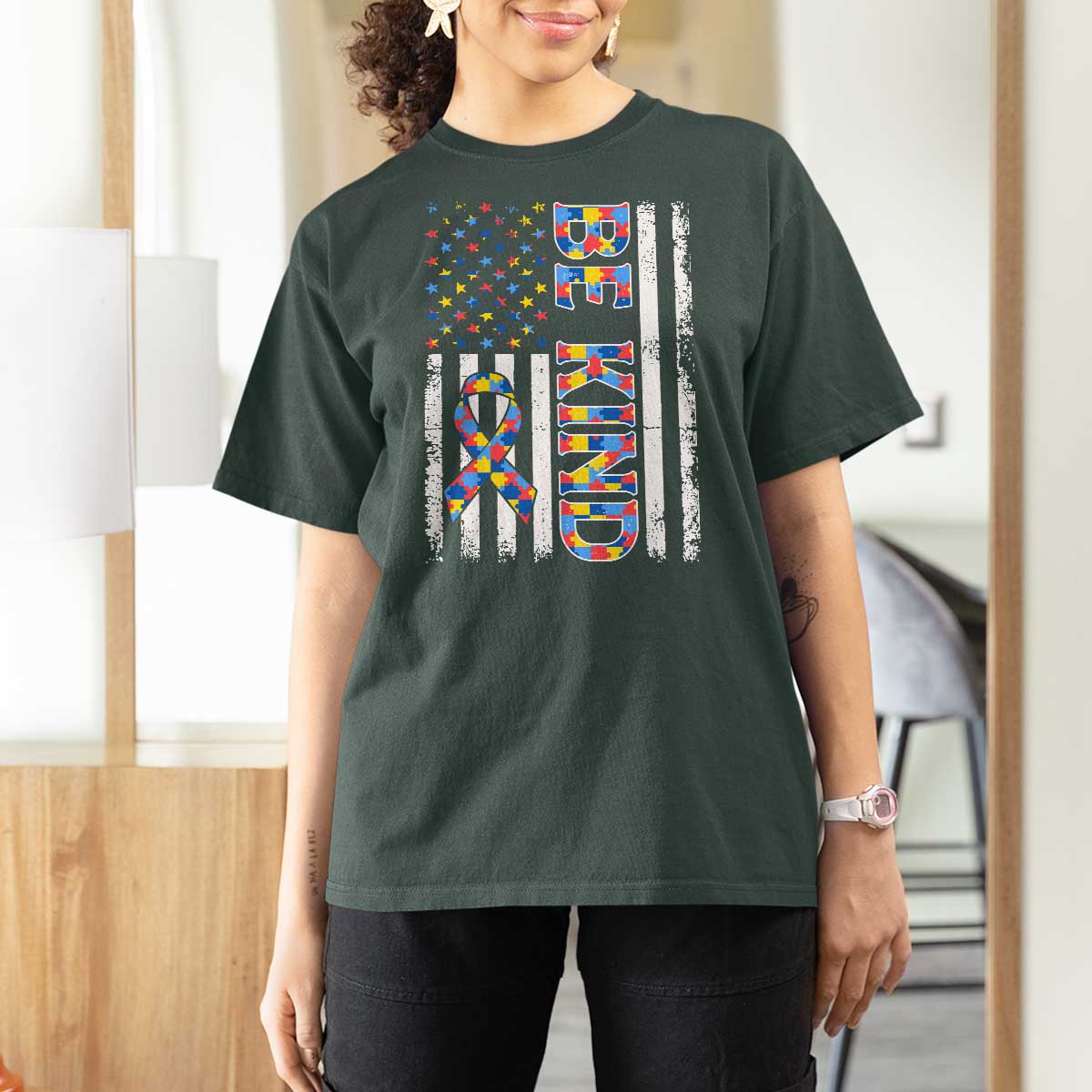 Be Kind Autism T Shirt For Women USA flag Autistic Support