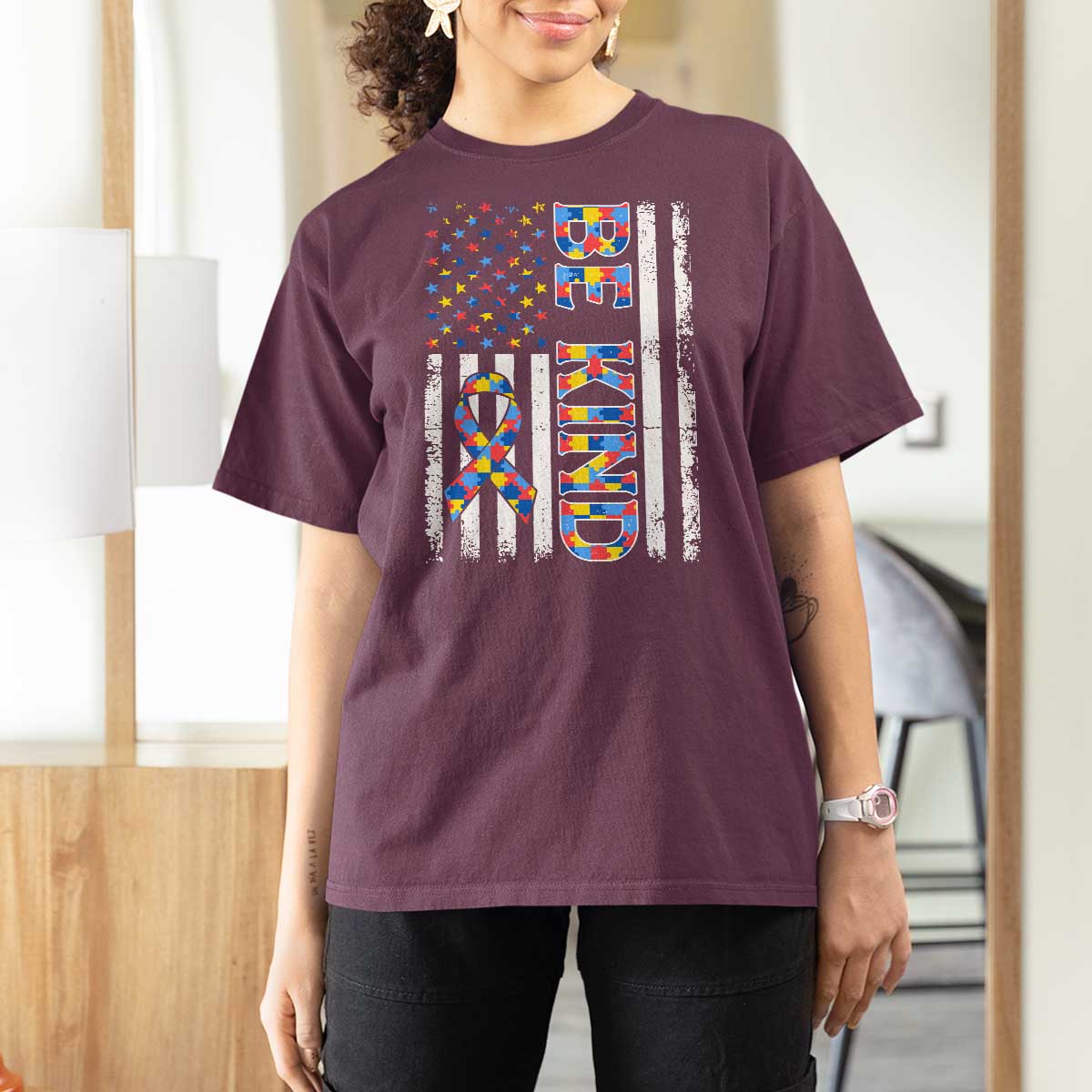 Be Kind Autism T Shirt For Women USA flag Autistic Support