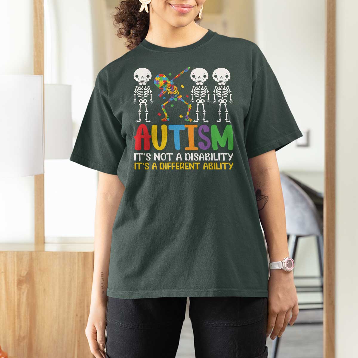 Autism Awareness T Shirt For Women Skeleton Dabbing Autistic Kids