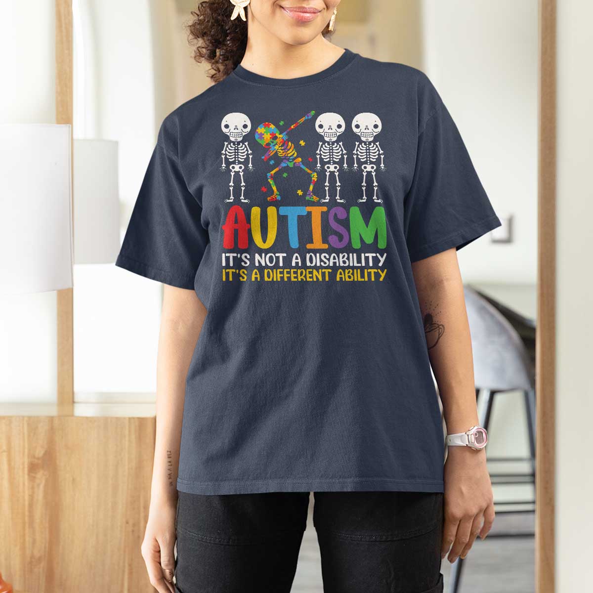 Autism Awareness T Shirt For Women Skeleton Dabbing Autistic Kids