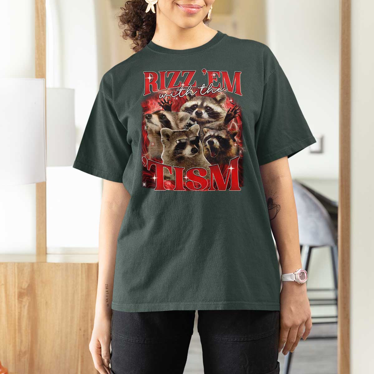 Autism Funny T Shirt For Women Rizz Em With The Tism Meme Autistic Racoon