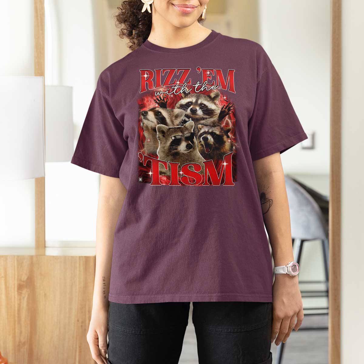 Autism Funny T Shirt For Women Rizz Em With The Tism Meme Autistic Racoon