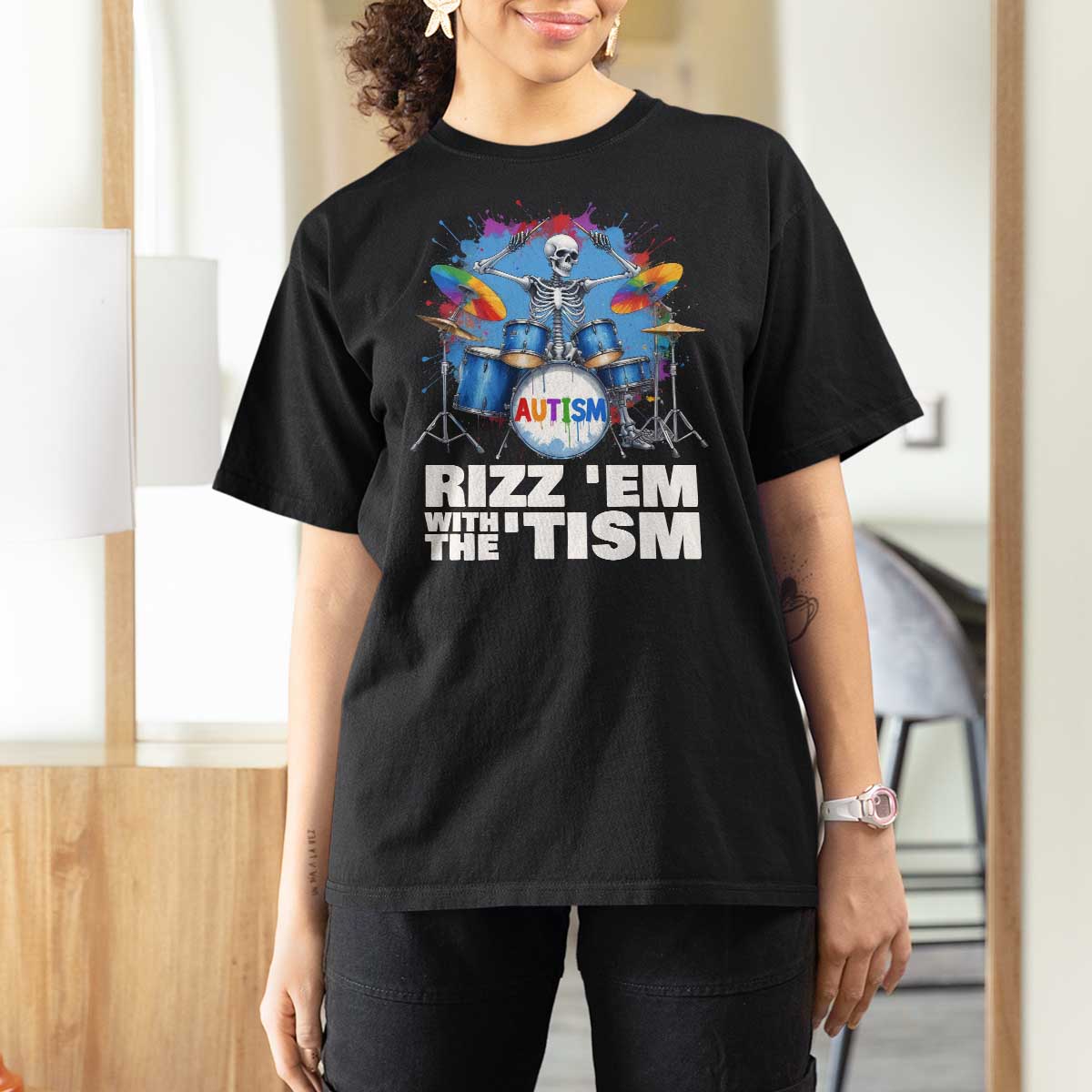 Autism Skeleton Meme T Shirt For Women Rizz Em With The Tism Meme Autistic Drummer