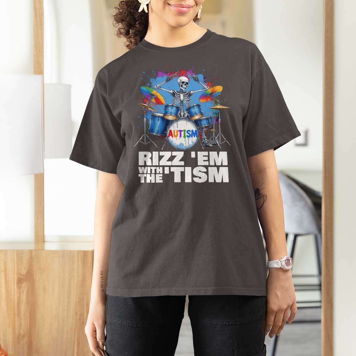 Autism Skeleton Meme T Shirt For Women Rizz Em With The Tism Meme Autistic Drummer