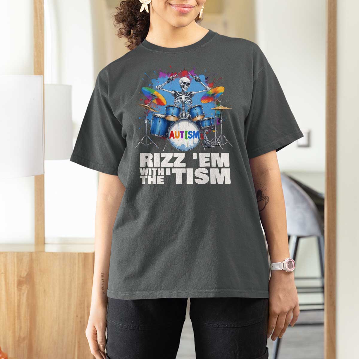 Autism Skeleton Meme T Shirt For Women Rizz Em With The Tism Meme Autistic Drummer