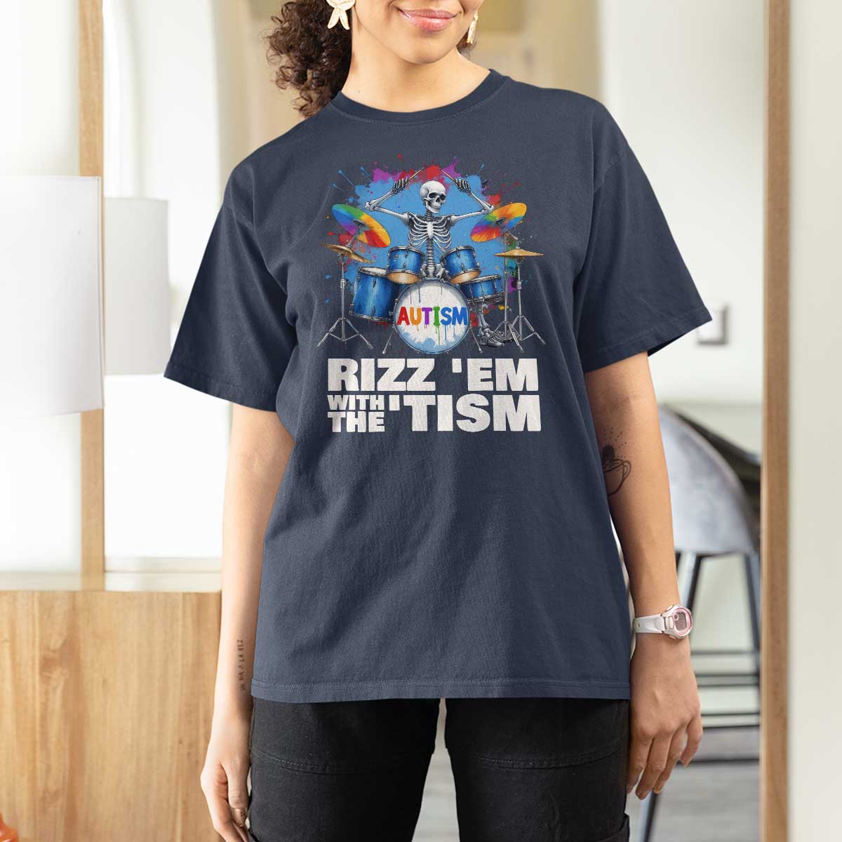 Autism Skeleton Meme T Shirt For Women Rizz Em With The Tism Meme Autistic Drummer