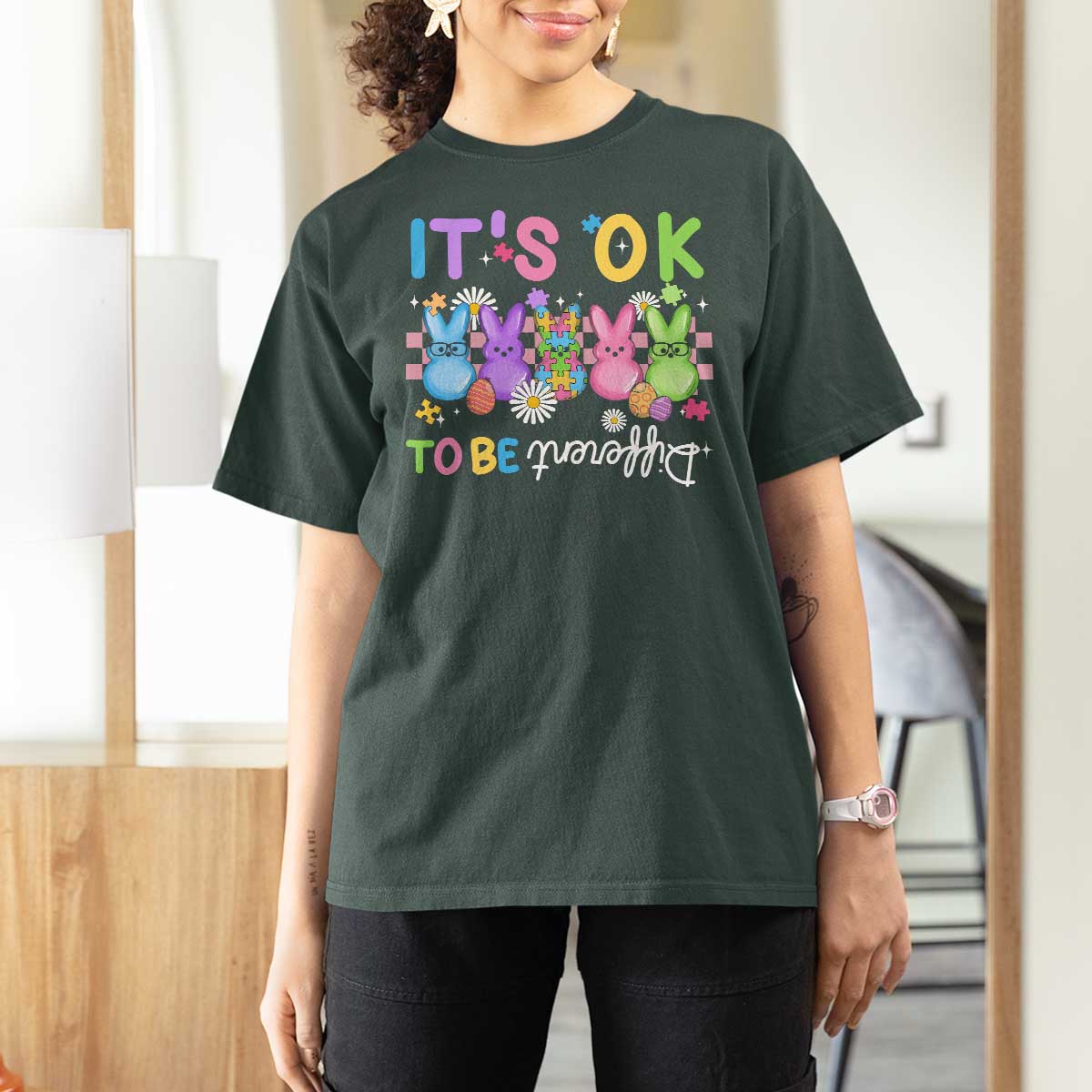 It’s Okay To Be Different T Shirt For Women Bunny Puzzle Autism Awareness Easter