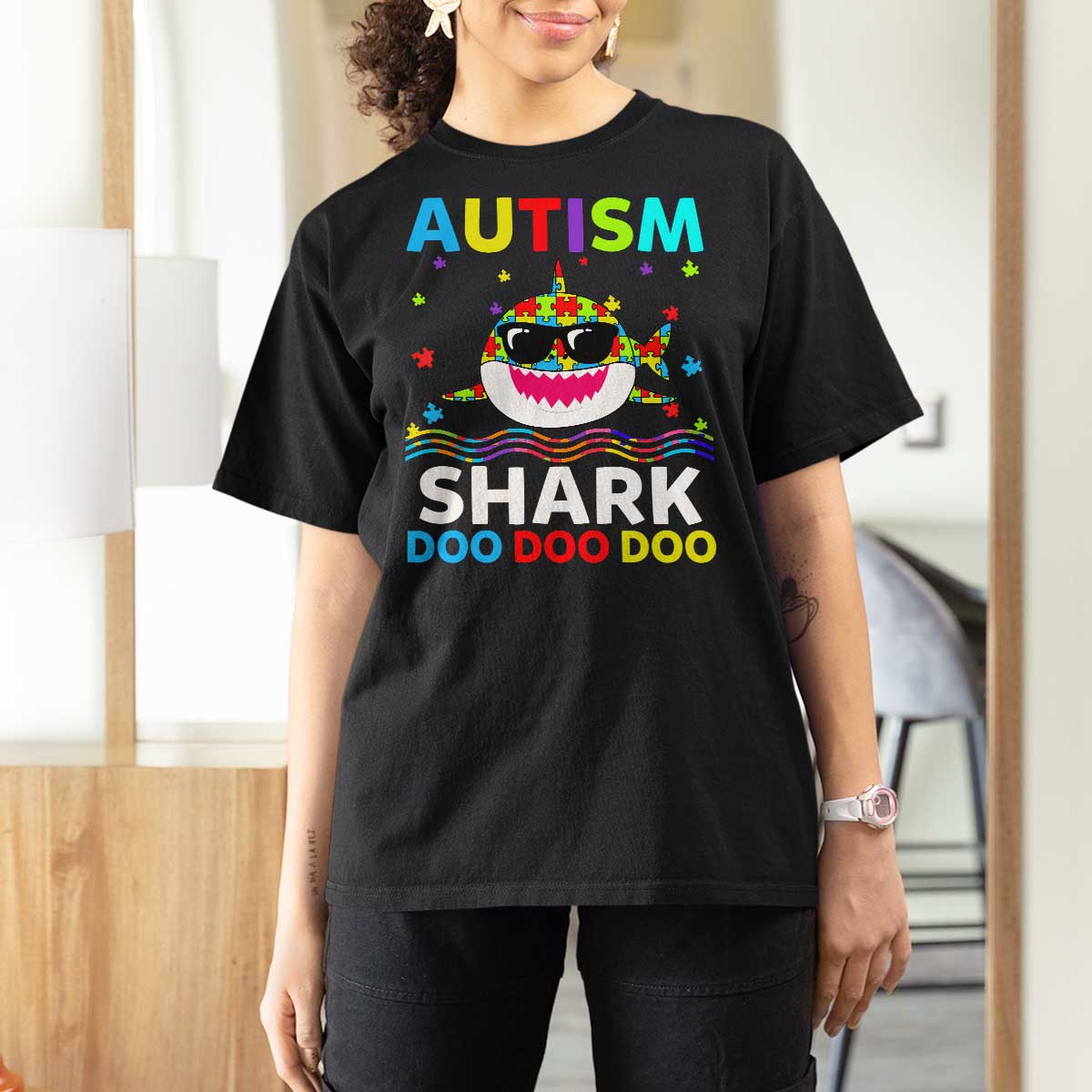 Funny Autism Shark T Shirt For Women Puzzle Piece Autistic Mom Dad Sped Teacher