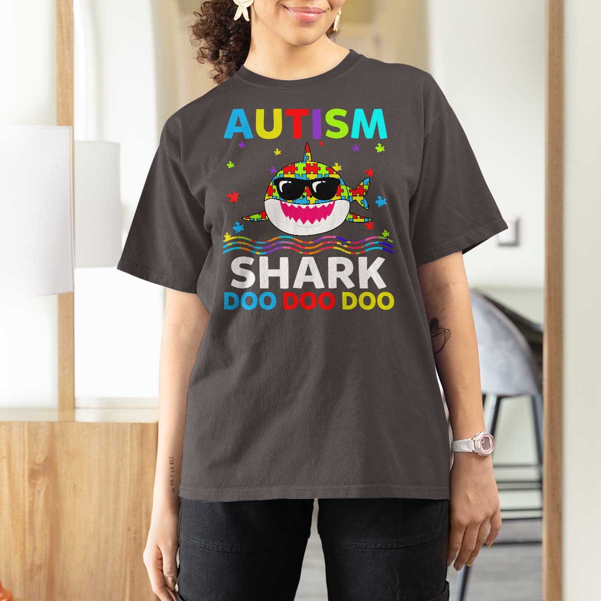 Funny Autism Shark T Shirt For Women Puzzle Piece Autistic Mom Dad Sped Teacher