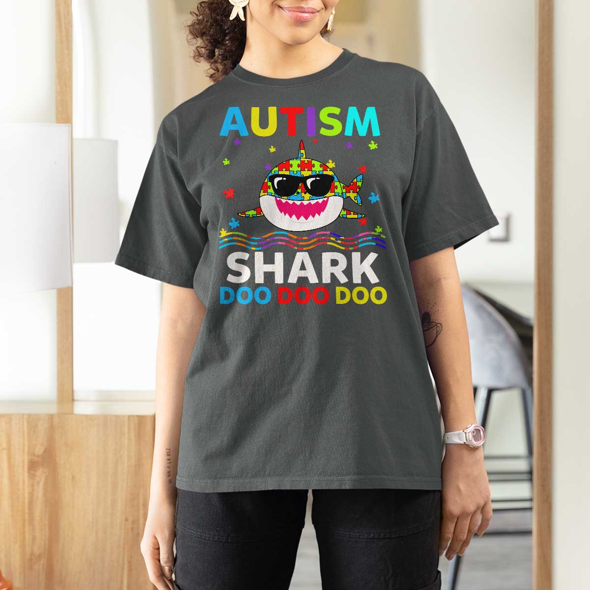 Funny Autism Shark T Shirt For Women Puzzle Piece Autistic Mom Dad Sped Teacher